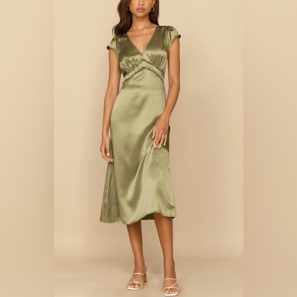 Reformation Olive Green Satin Midi Dress